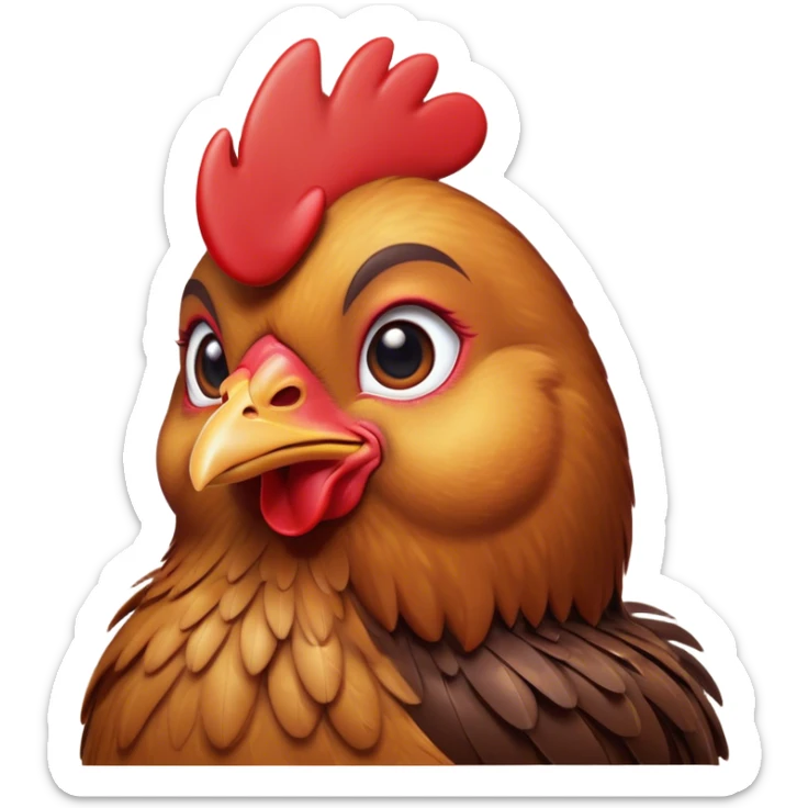 Cinematic Cute Brown Chicken Portrait Emoji, Head tilted playfully and inquisitively, featuring a lustrous brown feathered coat with a natural sheen and a subtle red comb, round, sparkling beady eyes filled with curiosity, Simplified yet irresistibly adorable features, highly detailed, glowing with a warm, friendly glow, high shine, affectionate and lively, stylized with a touch of country charm, bright and endearing, soft glowing outline, capturing the essence of a mischievous yet loving chicken, so playful it feels like it could peck out of the screen and into your arms! sticker