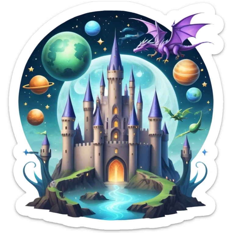 Icon for Fantasy and Sci-Fi Movies: A magical collage with flying dragons and futuristic spaceships. Stars and planets shimmer in the background with a mystical castle Hogvards and an ancient wizard holding a staff. The atmosphere is epic, otherworldly and adventurous. Transparent background. sticker