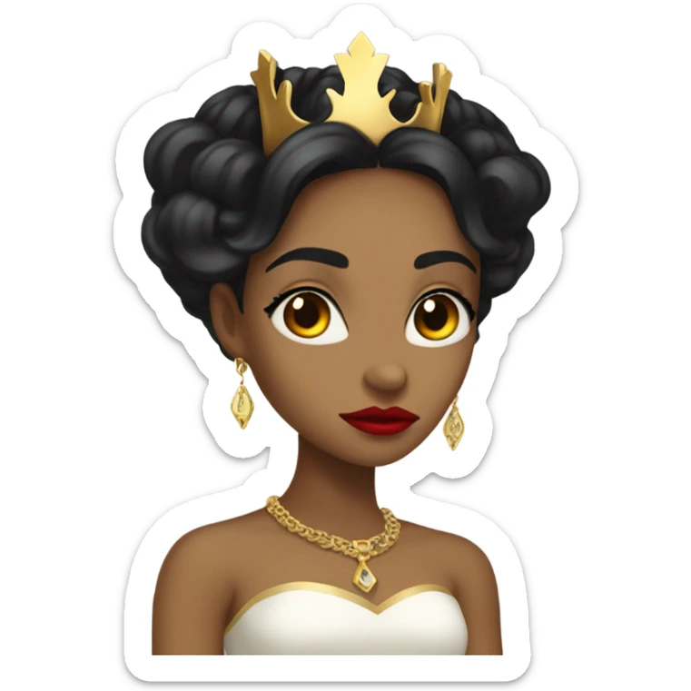 Queen with olive skin, long black hair, bright red lips, skinny gold crown, white dress, and evil stare.  sticker