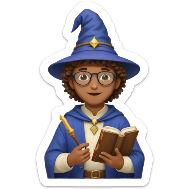 A Joyful Teen Male with Brown skin and Curly hair, wearing a Traditional outfit, a Wizard hat, Sunglasses, carrying a Spellbook, working as a farmer, while drinking Coffee and reading a Textbook. sticker
