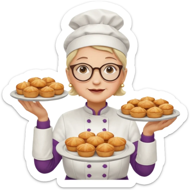 Older female pastry chef – round glasses, oven mitts on, holding a tray of pastries.

 sticker