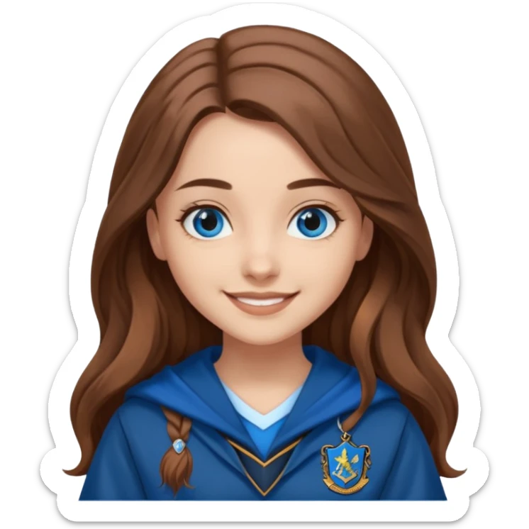 gorgeous Girl with light skin, blue eyes, long brown hair, wears a ravenclaw outfit sticker