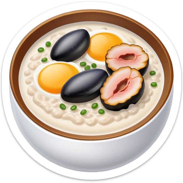 Guangzhou rice porridge congee with century egg and pork, simplified emoji style with bold outlines and bright colors, cartoon style Southern Chinese breakfast bowl sticker