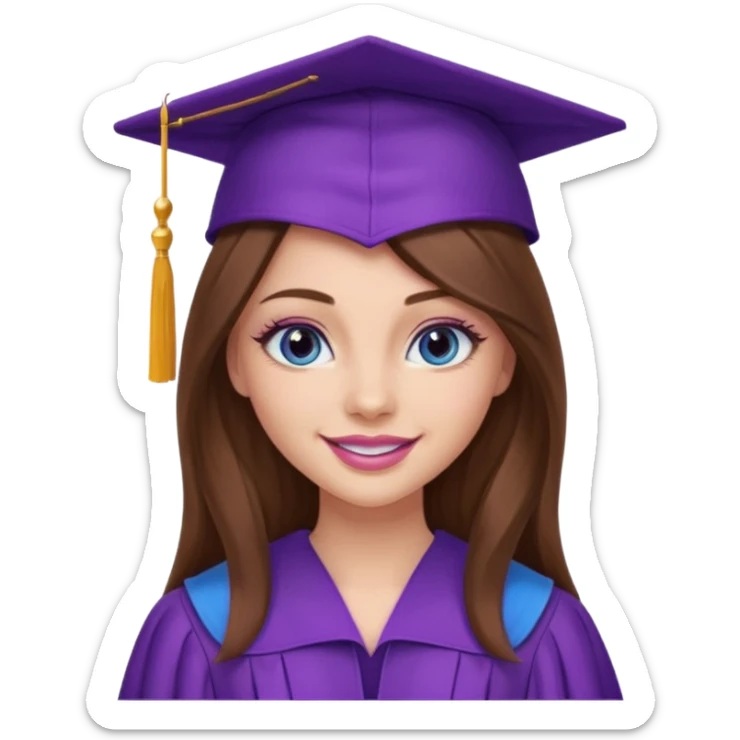 girl with gorgeous long brown hair, blue eyes, long lashes makeup, sexy pink lips, wearing a purple graduation cap and gown sticker