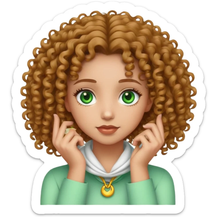make me an emoji of a light skin curly headed green eye girl with her hands around her neck sticker