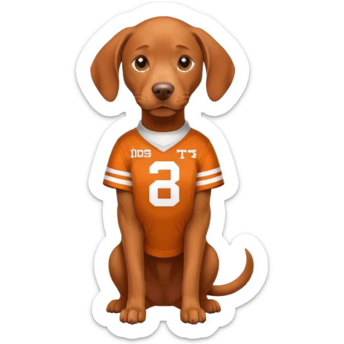 Viszla dog wearing a university of Texas football jersey  sticker
