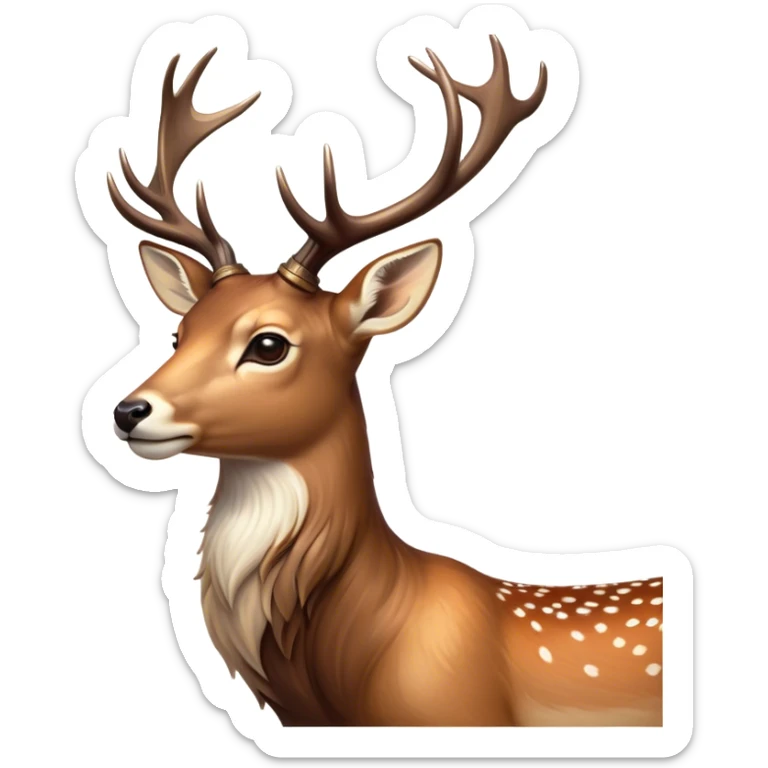 Cinematic Noble Deer Portrait Emoji, Poised and regal, with a graceful, slender build and a dappled Fur of warm browns and creams, elegant antlers crowning its head, deep-set soulful gentle eyes, Simplified yet sharp and sophisticated features, highly detailed, glowing with a soft, dignified glow, high shine, intelligent and serene, stylized with an air of forest majesty, focused and attentive, soft glowing outline, capturing the essence of a watchful woodland guardian, so majestic it feels as though it could gracefully leap out of the screen with effortless authority! sticker