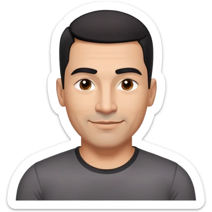 Athletic Hispanic man in his 40s-50s with light brown skin, very short black hair with low fade haircut, square face with strong jawline, thick straight eyebrows, wide straight nose, medium lips with confident smile, broad shoulders, wearing black fitted t-shirt sticker
