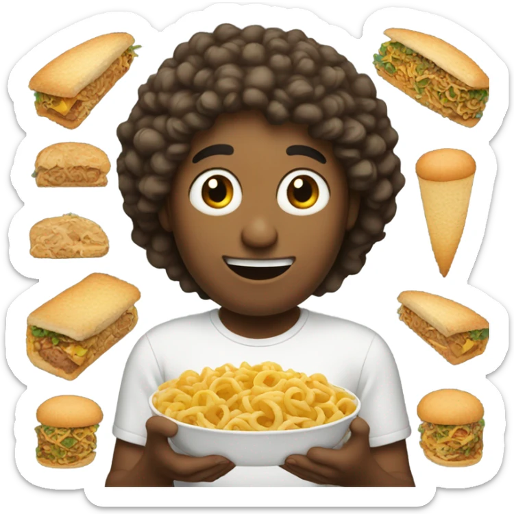 man with curly hair eating a lot of food sticker