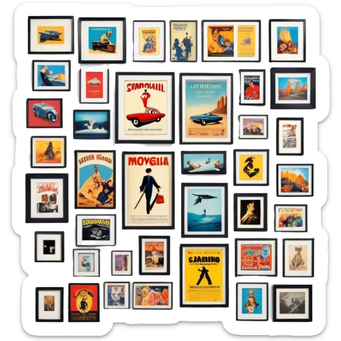 Icon for Photograph and Poster Collecting: a collection of photographs and movie posters, neatly displayed on a wall or in frames. The icon should evoke the nostalgia and artistic value of collecting rare images and posters. Transparent background. sticker