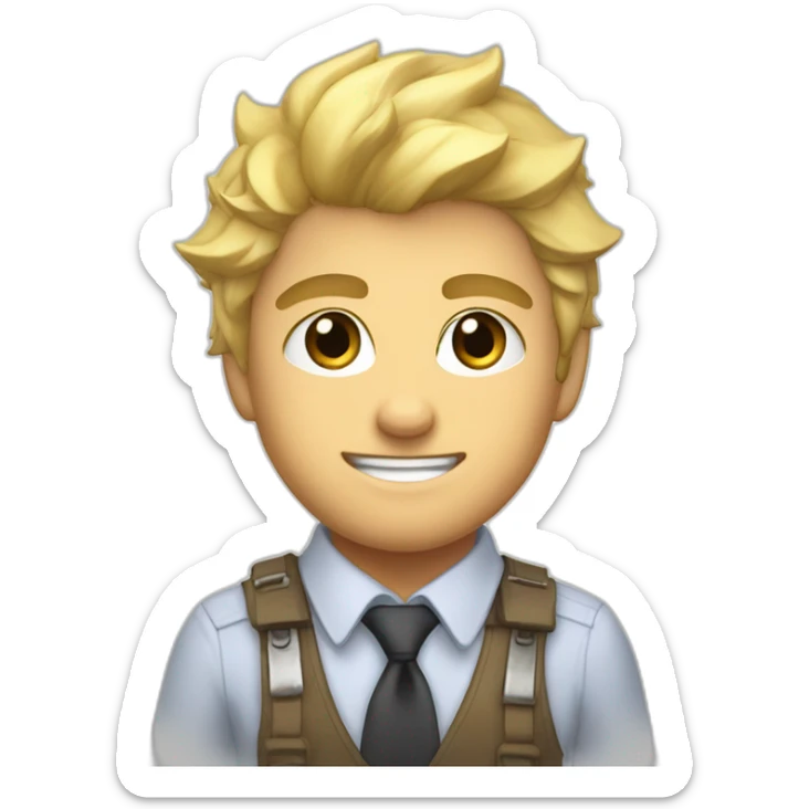 Denji with his blond hair, brown eyes and a shirt with a tie from chainsawman sticker