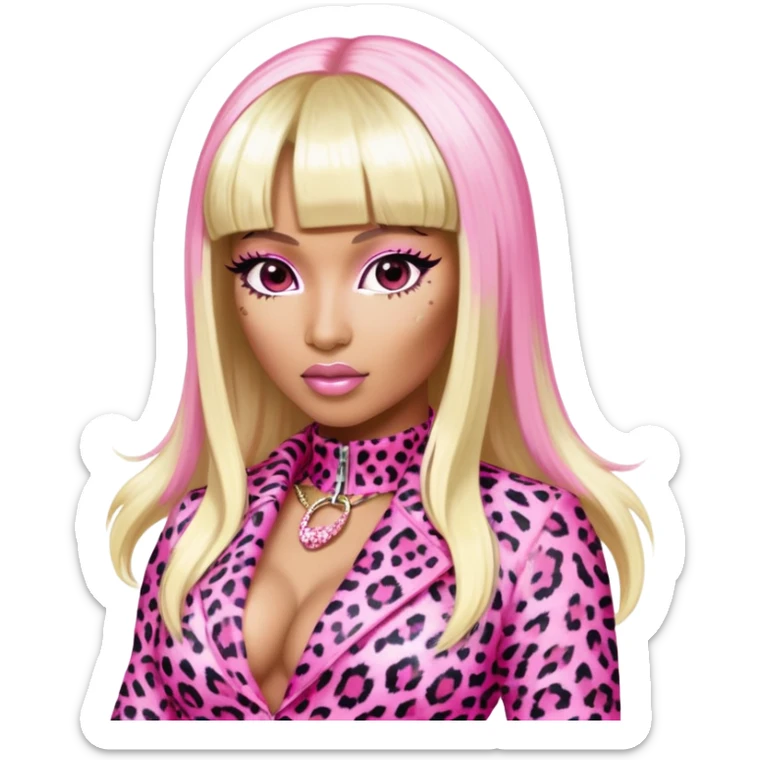 Nicki Minaj in pink and white leopard print outfit from Super Bass music video with bangs and split-dyed hair blonde on left side pink on right side sticker