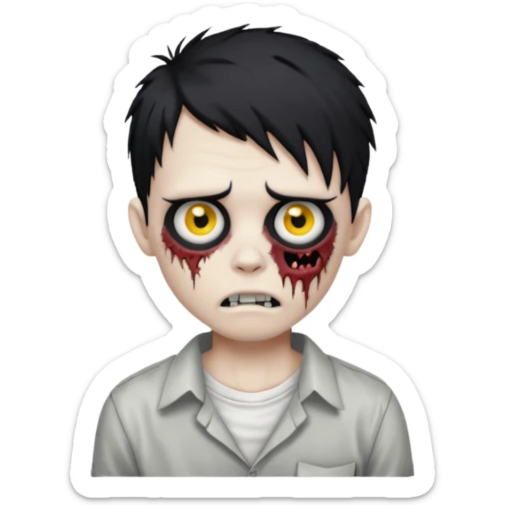 zombie boy with messy black emo hair, white shirt, stitched mouth, classic emoji style sticker
