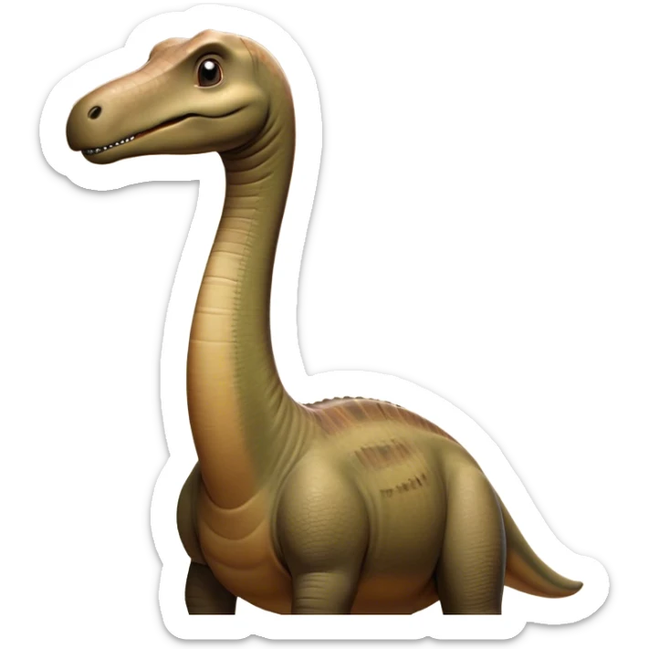 Cinematic Noble Brontosaurus Portrait Emoji, Poised and majestic, with a colossal, elongated neck stretching gracefully from a massive, sturdy body draped in warm, earthy tones, a gentle, wise face with soft, observant eyes, and a long, elegant tail, Simplified yet grandly defined features, highly detailed, glowing with a soft, ancient luminescence, high shine, intelligent and serene, stylized with an air of prehistoric grandeur, focused and calm, soft glowing outline, capturing the essence of a watchful and confident Brontosaurus that appears ready to loom out of the screen with effortless majesty! sticker