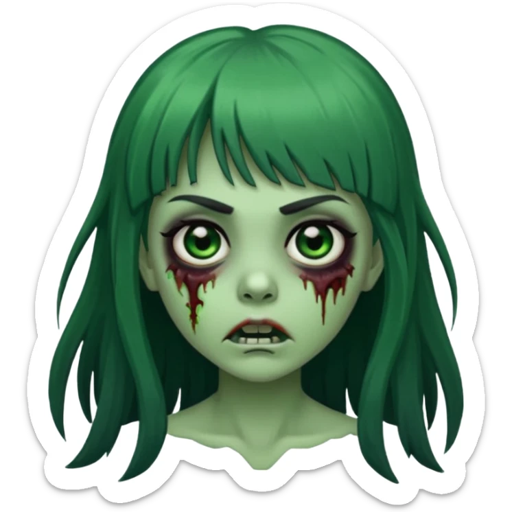 queria um emoji de zumbi verde de uma garota, olhos pretos, cabelos escuros e longos, com uma franja acima da sobrancelha  sticker