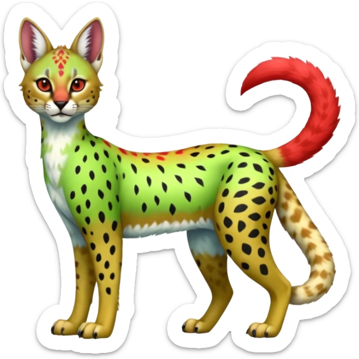 Colorful bluish cute adorable tropical exotic fruity kiwi-green lemony rosy neon-red Caracal-Cheetah-Serval-Snow-Leopard-Trico-Sergal-Vernid-fusion-hybrid-animal-creature, full body, with tribal markings sticker