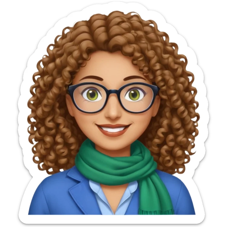 40 yr old Iranian woman, light brown very curly thick hair, shoulder length hair, green eyes, tan skin, big smile, big glasses, blue dress shirt with white scarf on neck sticker