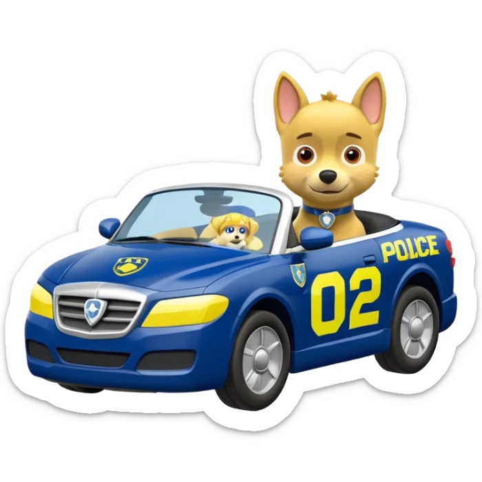 Police Coventible With Body Color Is Navy, White And Lemon Yellow With Symbol Is Lemon Yellow PawPatrol Chase Symbol With Number Is 02 sticker