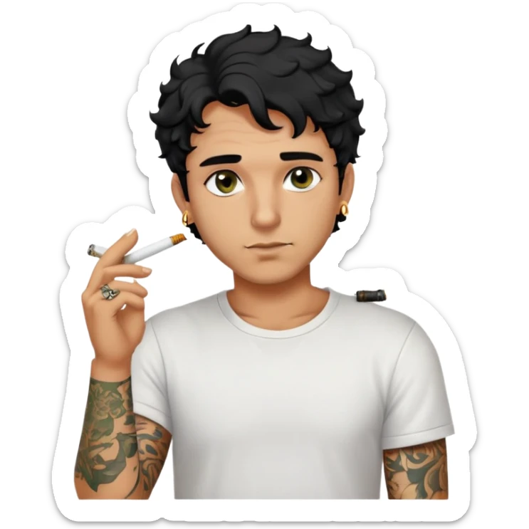 Italian man with tanned skin, curly black hair in short bob style, stubble, olive eyes, gold earring in left ear, white t-shirt, black tattoo on forearm, smoking cigarette sticker