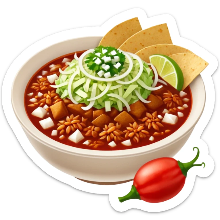 A delicious hot bowl of pozole rojo with separate sides next to the bowl: white chopped onions, green shredded cabbage, lime wedges, red chile de arbol salsa, and round tostadas sticker