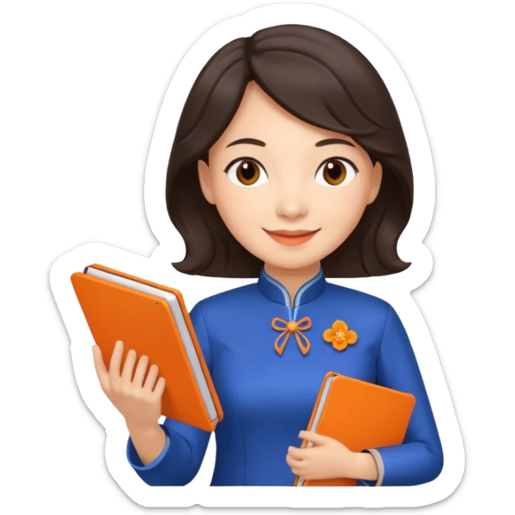 Teacher emoji but : wavy dark brown hair, light skin, no glasses, dark eyes, with a computer folder in the hand (color is orange), being a teacher, wearing a chinese qipao ( dark blue)


 sticker