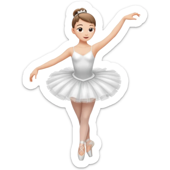 A ballerina dancing with point shoes and in a white tutu with a ribbon on her waist, she has a slick bun and a great posture sticker
