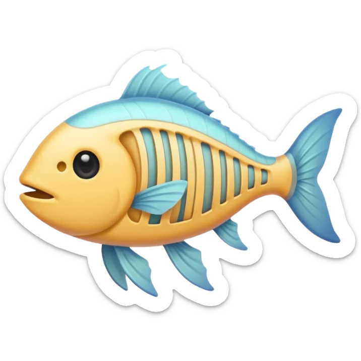 A simple emoji-style fishbone — cartoon look, clean outline, pastel colors, with a rounded fish head, hollow eye, and clear rib bones leading to a tail. Minimal, cute, and high contrast without any cat shown sticker