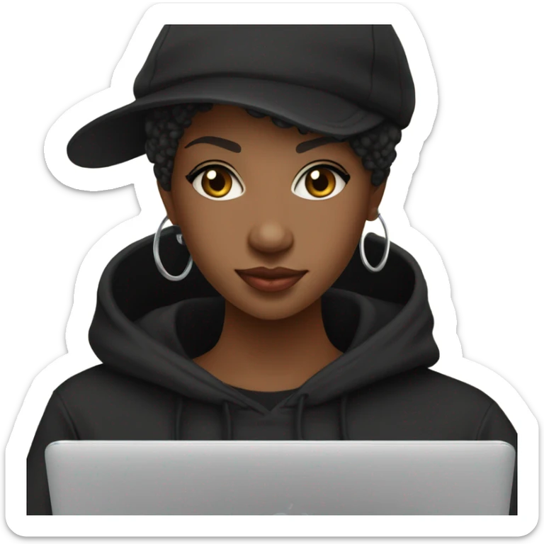 pretty african american girl with black hat and black sweatshirt hoodie pixie cut with laptop sticker