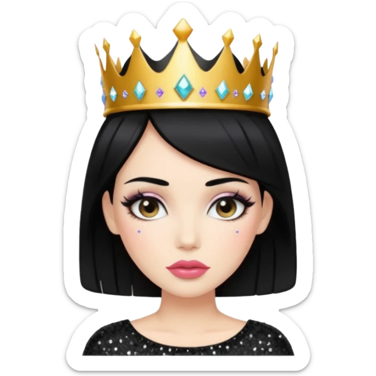 Chica con pelo negro y labios gruesos maquillada hermosa con una corona de brillos y un top negro moderno  sticker