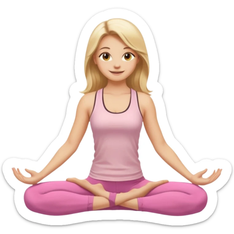 Create a young woman with long blonde hair, golden eyes, and medium-light skin tone, wearing a light pink tank top and leggings. She should be doing yoga, with a smile sticker