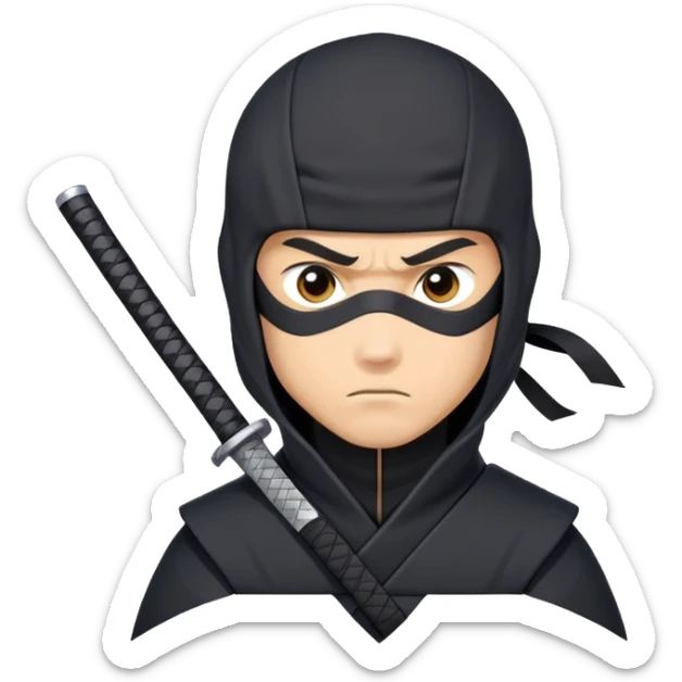clash-of-clans-aesthetic_-cinematic-mysterious-male-ninja-portrait-emoji, rendered in a flat, vector-style with minimal shading and bold, simplified shapes,   with a head slightly turned revealing intense, focused eyes. the ninja is accompanied by a Ninken dog sticker