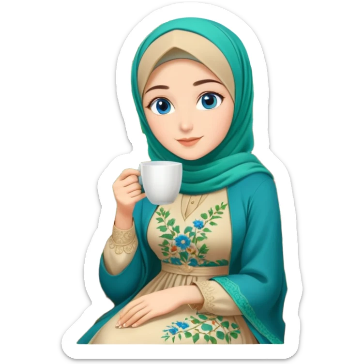 Turkish beautiful finish Konya girls blue eyes with Beautiful beige green floral hijab long tail dress and this two friends sit in a lovely garden on the chair on the ground and holds cup coffe with her hand  sticker
