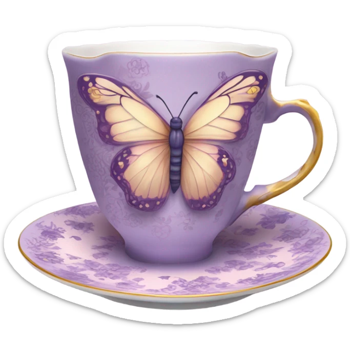 A delicate butterfly with pastel pink wings, resting on the edge of a purple porcelain teacup adorned with intricate violet floral patterns. sticker