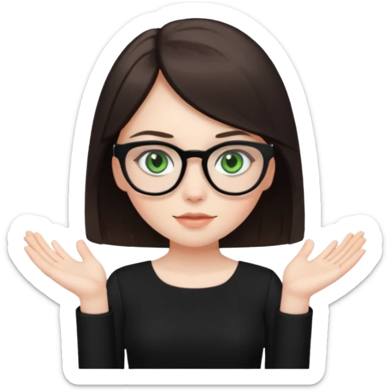 a cute white brunette girl with green eyes in a black dress wearing glasses  with two hands  sticker