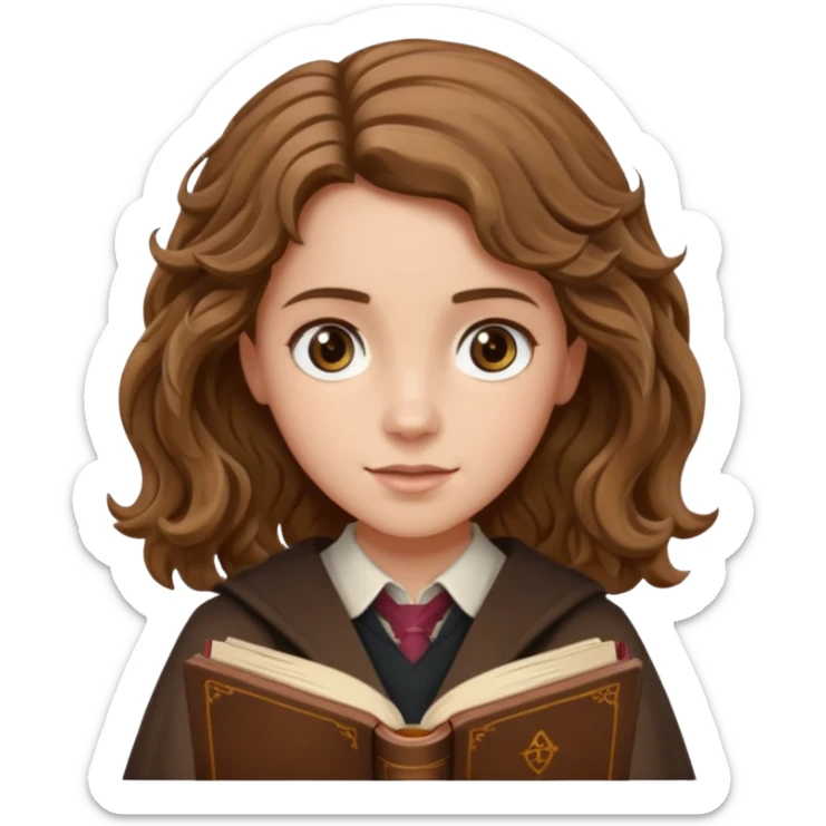 Hermione Granger with wavy hair and brown book in hand  sticker