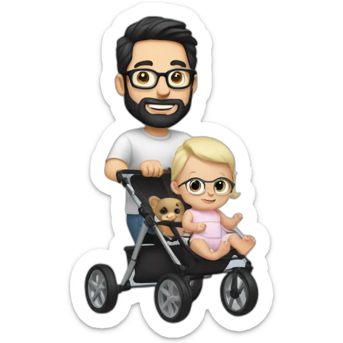 White man with Black hair,  beard and glasses pushing buggy with blonde baby sticker