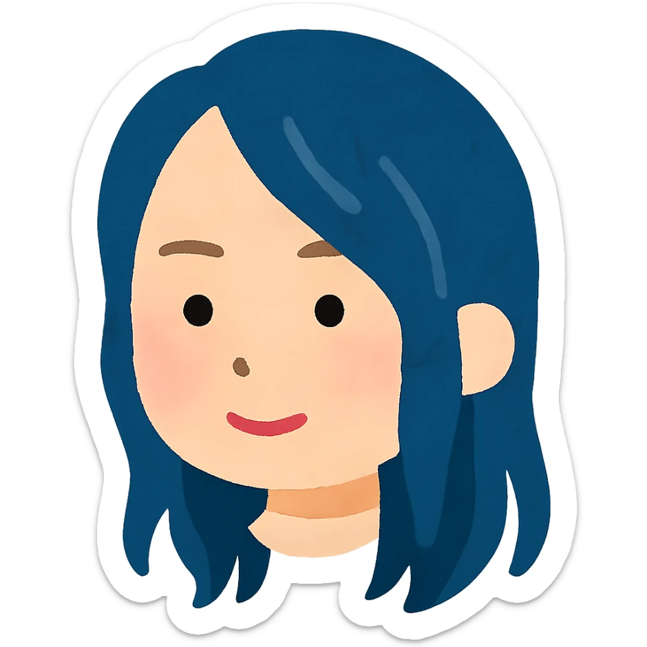 Billie Eilish head, Irasutoya style, blue hair, soft cartoon face, simple features, no background sticker