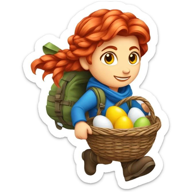 red hair female winter mountaineer climbing with Easter eggsbasket and Greek flag sticker