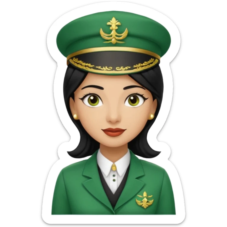Lady hotel butler with green uniform black hair and just a lite bit brown skin and Arabic face with our hat please sticker