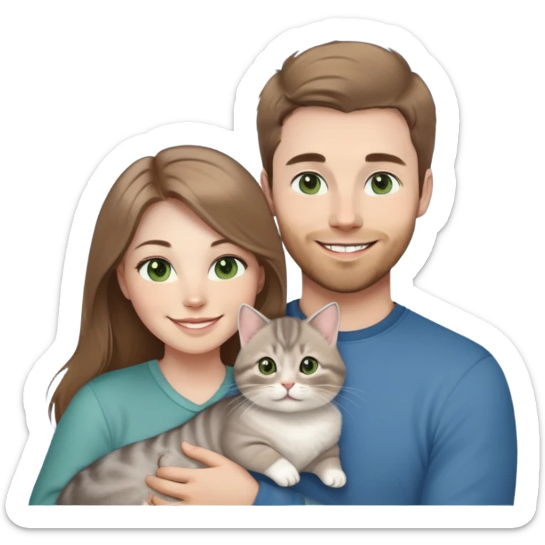 A 31-year-old Caucasian man with short light brown hair, green eyes, and his wife with long light brown hair, gray eyes, smiling. Their baby son with short light brown hair, blue eyes, and a British Golden Chinchilla cat with brown eyes. Warm, cheerful emoji style. sticker