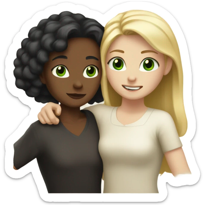 A pale girl with blonde hair green eyes  hugging a brown girl with black hair and brown eyes sticker