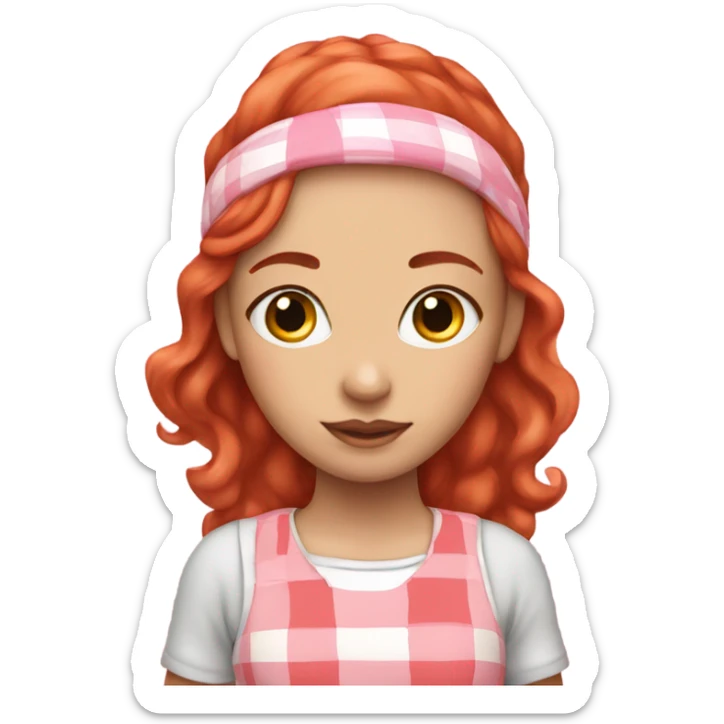 Girl with red hair and a pink and white plaid dress with a pink headband sticker