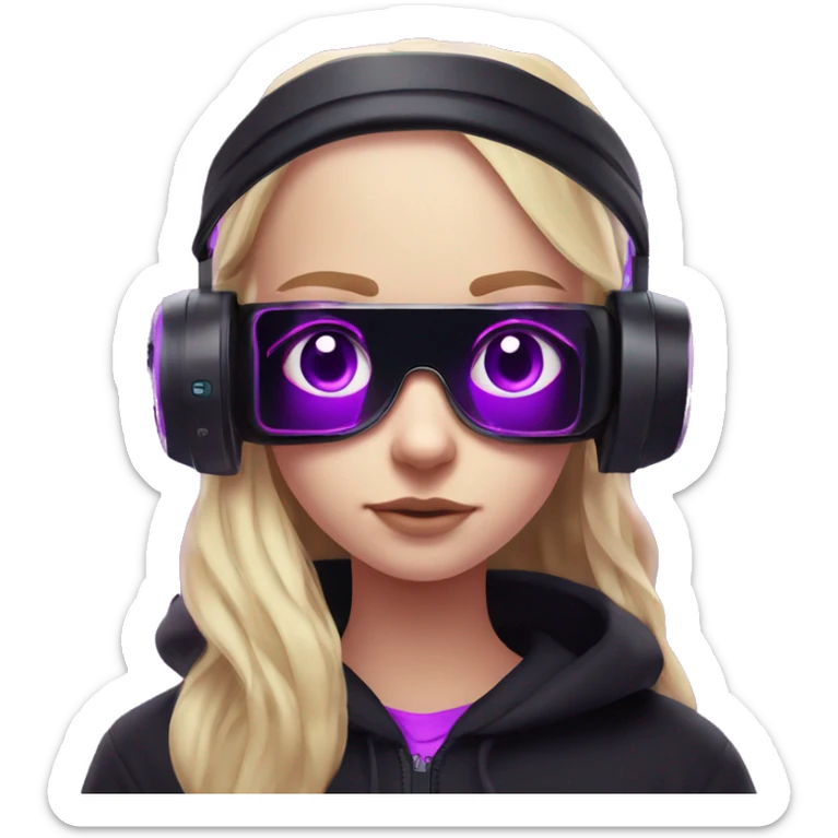 Russian cute blond student girl wearing black hoody with violet letters "OMG", in vr headset. No eyes. Cyberpunk style. Violet neon. sticker