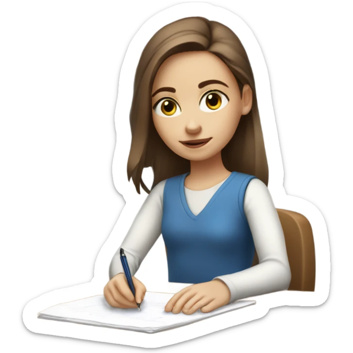 White Smart brown hair girl with blue eyes and light skin doing Homework on a desk writing on a piece of paper  sticker