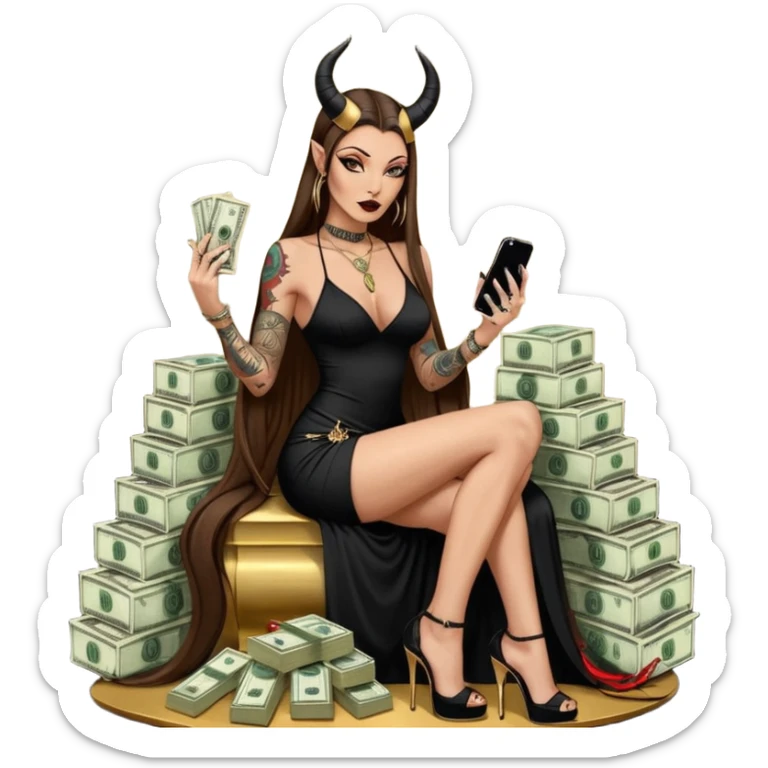 Sensual seductress long brown straight haired sexy drug lord woman with tattoos on arm sleeves and black gold platform high heels on her feet,  and devil black horns on her head, holding a stack of cash, has a phone in other hand. Sitting on gold cases full of drugs, long black dress with sexy slit sticker
