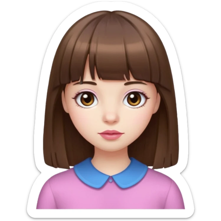 brown straight hair, bangs, big brown eyes, small nose, pale white skin, pink lips sticker