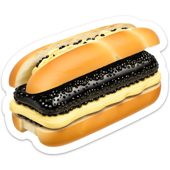 Apple style 3D emoji of a luxurious black caviar sandwich. A thick slice of fresh white baguette with a generous layer of creamy yellow butter, topped with a mountain of glistening, shiny black sturgeon caviar. premium aesthetic. sticker