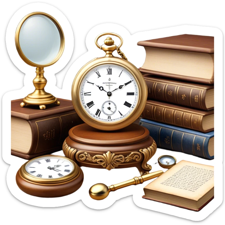 Icon for Antiques Collecting: antique carved  furniture, a vintage pocket watch and a porcelain figurine, all placed on a wooden antique table surrounded by aged books and a magnifying glass. The icon should evoke the elegance and history of antique collecting. Transparent background. sticker