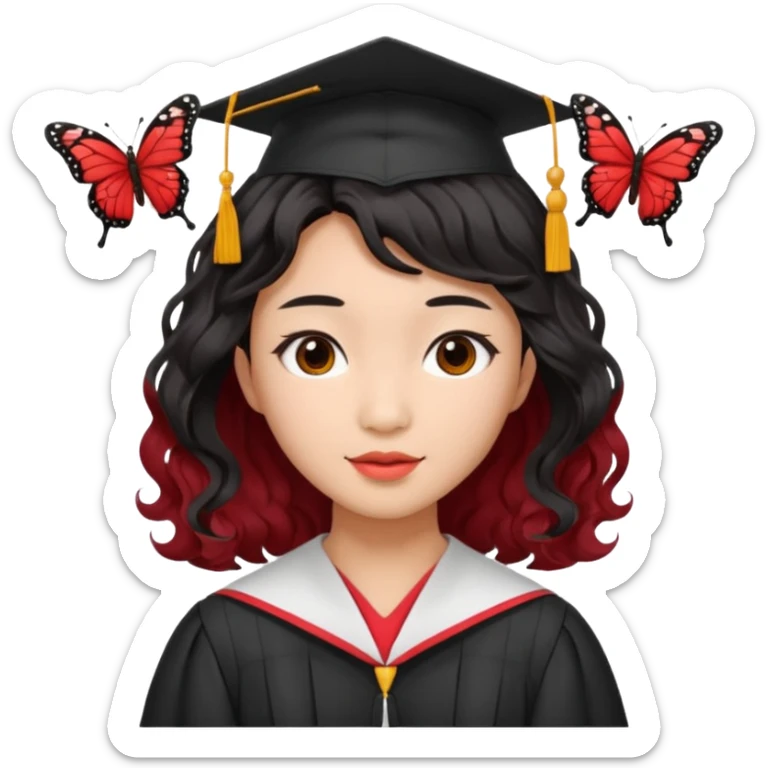 Graduate red asian black hair with wavy butterfly haircut sticker