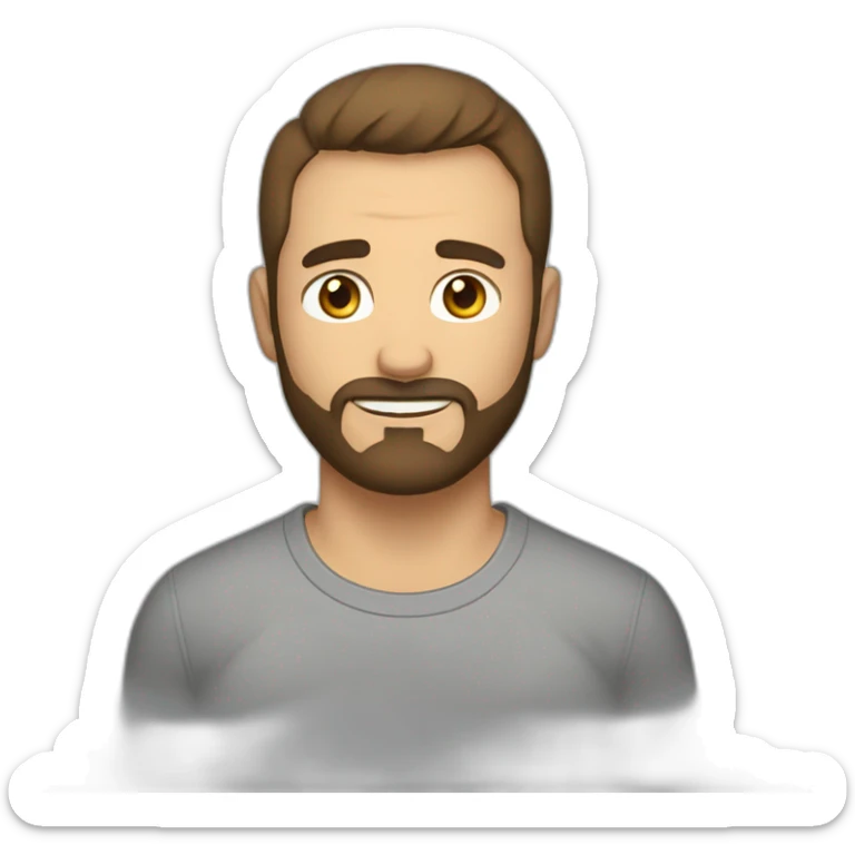 man with brown short hair and short beard wearing a t-shirt with the word escutai on front sticker